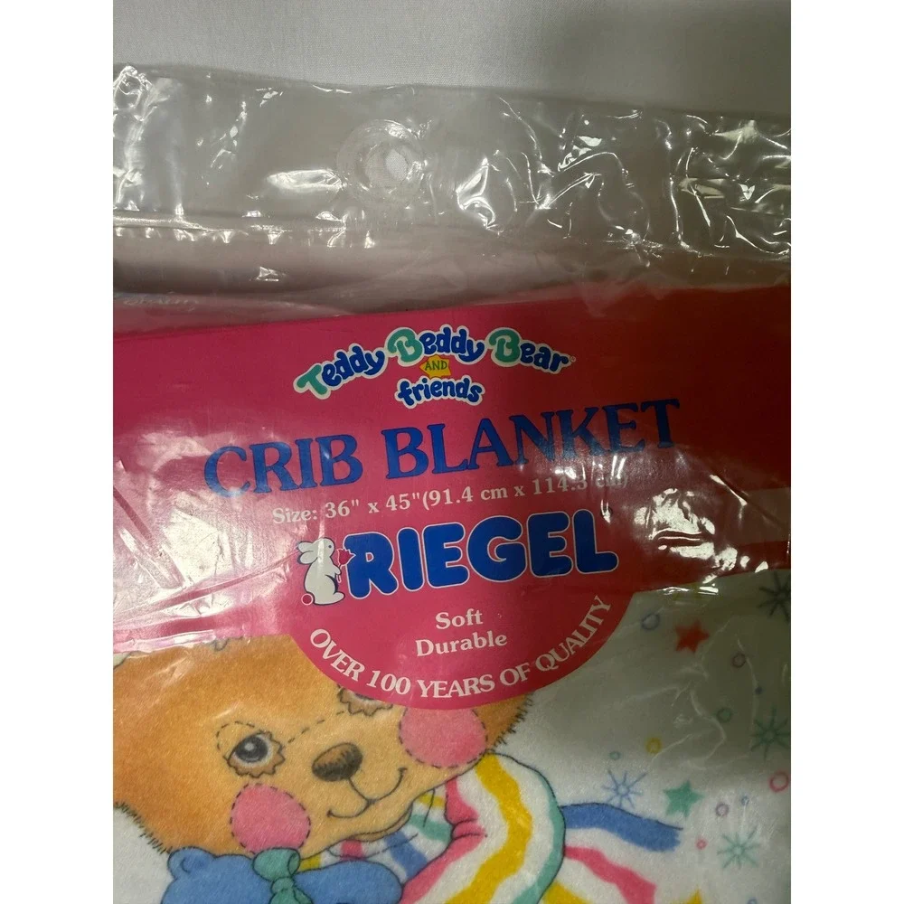 VTG Riegel Teddy Beddy Bear Friends Crib Blanket Satin / Nylon Trim‎ 36x45 NEW